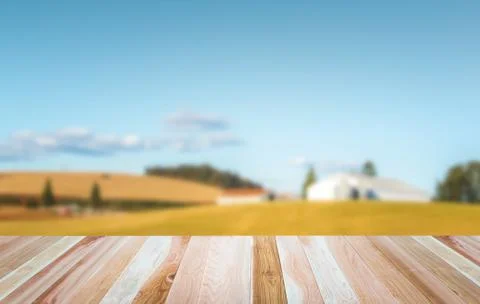 Empty wooden deck table top Ready for product display montage with farm in bl Stock Photos