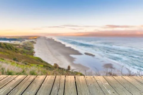 Empty wooden deck table top Ready for product display montage with scenic vie Stock Photos