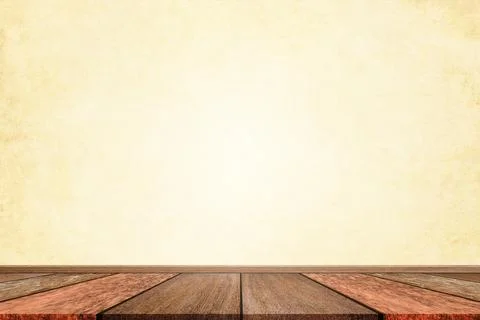 Empty of wooden floor on light yellow pastel color background. For your produ Stock Illustration