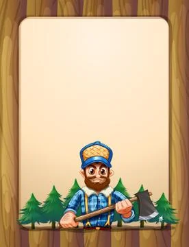 An empty wooden frame border with a lumberjack in front of the pine trees Stockillustratie