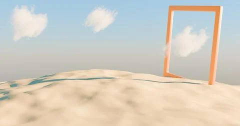 An empty wooden frame stands on a sandy landscape under a clear sky Illustrazione stock