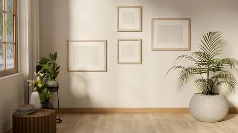 Empty wooden frames hanging on white wall in corner of living room or corri.. 스톡 일러스트