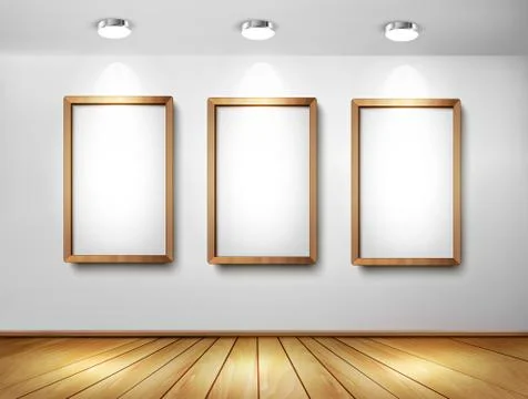 Empty wooden frames on wall with spotlights and wooden floor. vector illustra Stock Illustration
