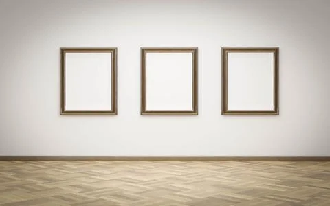 Empty wooden frames with white canvas in art gallery exhibition with wood floor Stock Illustration
