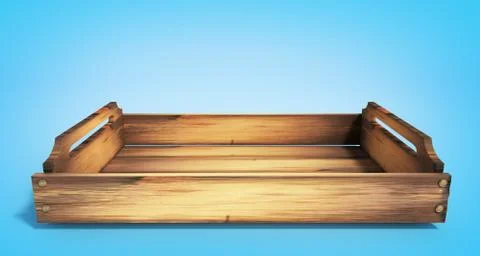 Empty wooden fruit crate 3d render on blue Illustrazione stock