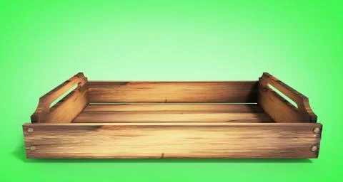 Empty wooden fruit crate 3d render on green Illustrazione stock