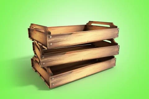 Empty wooden fruit crate 3d render on green 스톡 일러스트