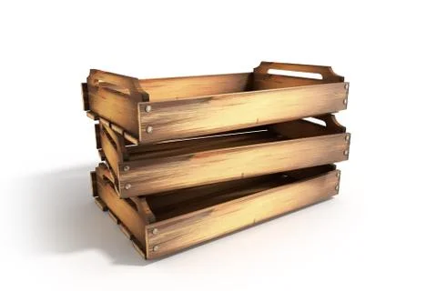 Empty wooden fruit crate 3d render on white Illustrazione stock