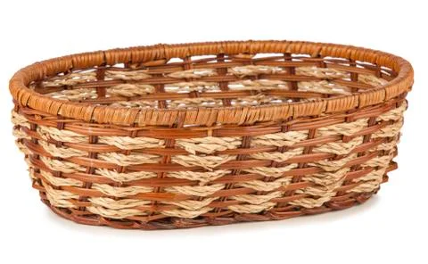 Empty wooden fruit or bread basket on white background Stock Photos