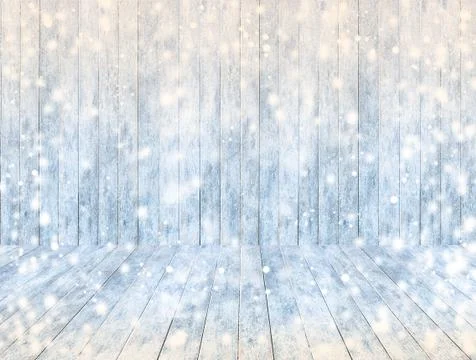 Empty wooden ice panel background and wooden ice floor or table with snowing, Stock Photos