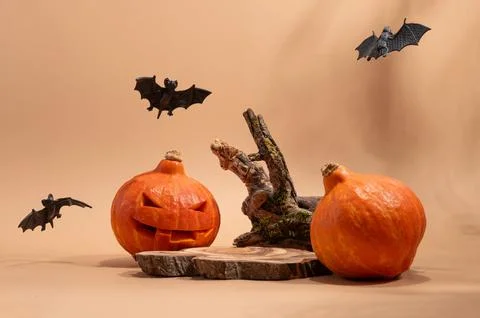 Empty wooden log on table with pumpkin and bats. Halloween or Thanksgiving .. Stock Photos