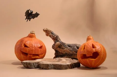 Empty wooden log on table with pumpkin and bats. Halloween or Thanksgiving mo Stock Photos