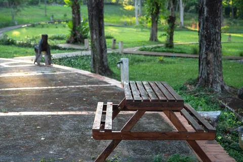 Empty wooden picnic table beside a shaded garden walkway in a green tropica.. Stock Photos