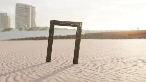 Empty wooden picture frame on the beach sand Stock Illustration