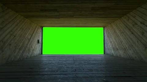 Empty wooden structure, building. Window with a green screen or chroma key Vidéo 121857163