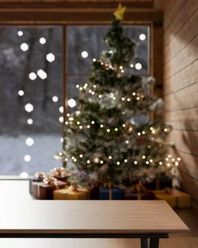 Empty wooden table across present gift box under Christmas trees with strin.. Stock Illustration