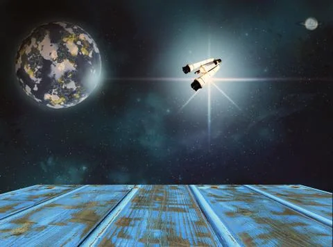Empty wooden table against the background of a cosmic landscape Illustrazione stock