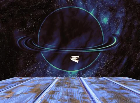 Empty wooden table against the background of a cosmic landscape Stock Illustration