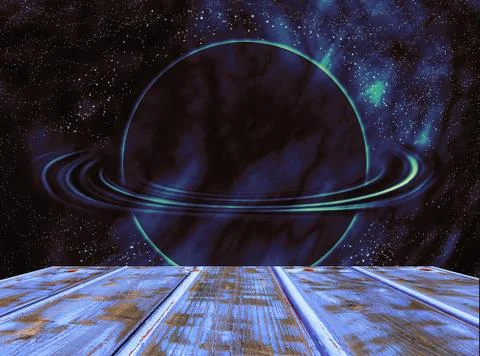 Empty wooden table against the background of a cosmic landscape Stock Illustration