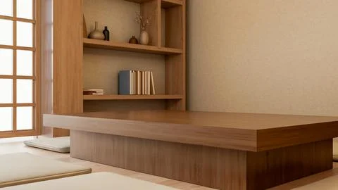 Empty wooden table and fabric cushions on parquet floor and wall shelf in m.. Stock Illustration