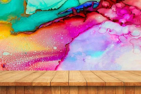 Empty wooden table and old painting wall Stock Photos