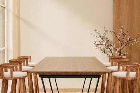 Empty wooden table and stool chairs aside glass window and flower vase in d.. Illustrazione stock
