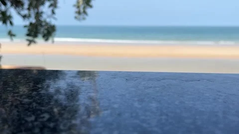Empty wooden table the blurred ocean beach background, product display Stock Footage 339862434