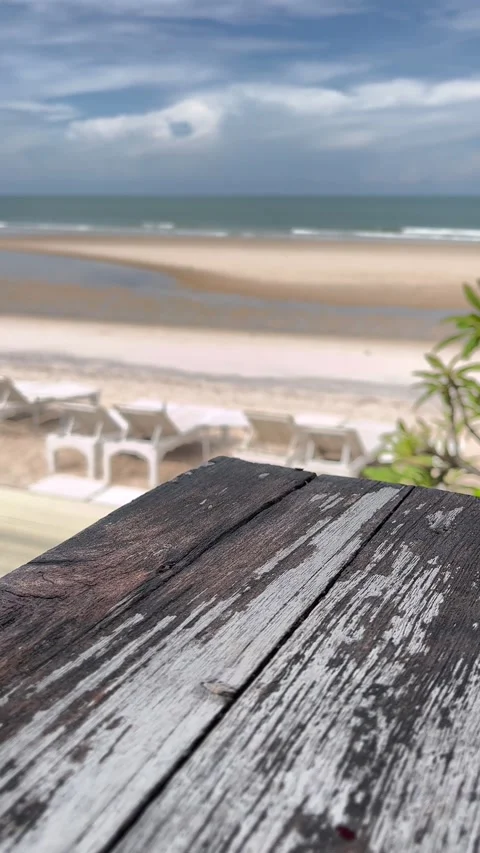 Empty wooden table the blurred ocean beach background, product display Stock Footage 341176661