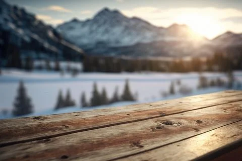 Empty wooden table on a blurry background of snowy landscape Illustrazione stock