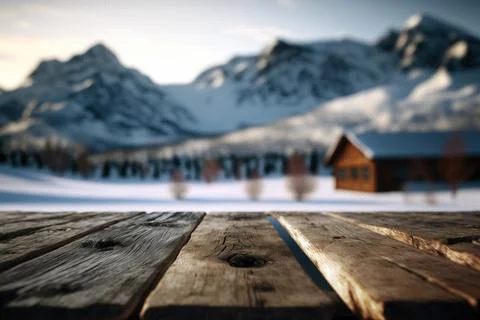 Empty wooden table on a blurry background of snowy landscape Illustrazione stock