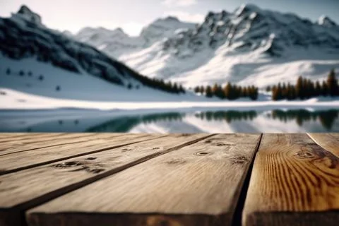 Empty wooden table on a blurry background of snowy landscape Illustrazione stock