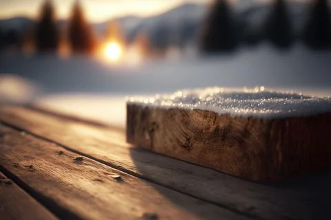 Empty wooden table on a blurry background of snowy landscape Stock Illustration