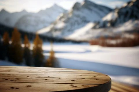 Empty wooden table on a blurry background of snowy landscape Illustrazione stock