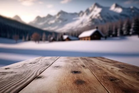 Empty wooden table on a blurry background of snowy landscape Stock Illustration