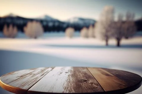 Empty wooden table on a blurry background of snowy landscape Illustrazione stock