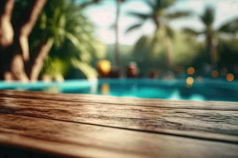Empty wooden table with blurry background of a tropical pool, ai generated Illustrazione stock