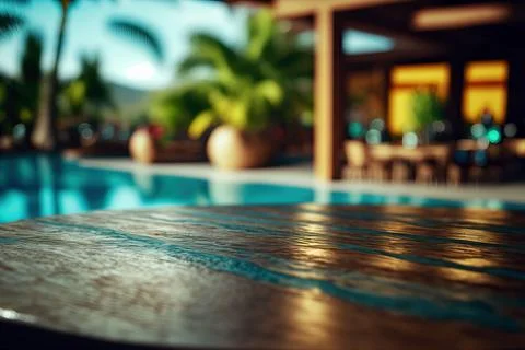 Empty wooden table with blurry background of a tropical pool, ai generated Illustrazione stock