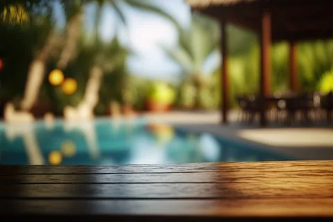 Empty wooden table with blurry background of a tropical pool, ai generated Illustrazione stock