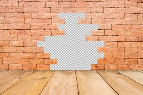 Empty wooden table of brown on front red brick pattern with isolated backgrou Stock Photos