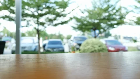 Empty wooden table counter bar, shelf of display product Stock Footage 94430656