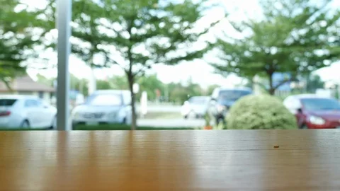 Empty wooden table counter bar, shelf of display product Stock Footage 99121924