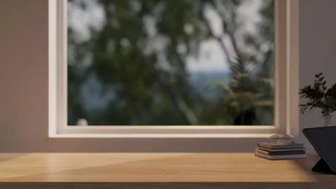 Empty wooden table desk mockup with window and blurred forest background Stock Illustration