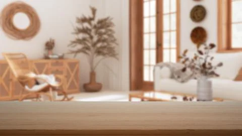 Empty wooden table, desk or shelf with blurred view of bohemian wooden living Stockillustratie
