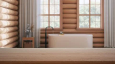 Empty wooden table, desk or shelf with blurred view of log cabin bathroom wit Illustrazione stock