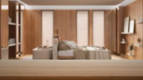 Empty wooden table, desk or shelf with blurred view of minimalist wooden be.. Stock Illustration