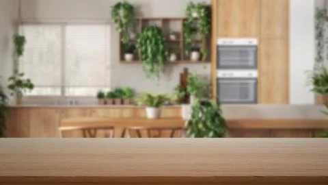 Empty wooden table, desk or shelf with blurred view of kitchen, and dining .. Stock Illustration