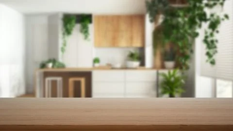 Empty wooden table, desk or shelf with blurred view of minimal white and wo.. Stock Illustration