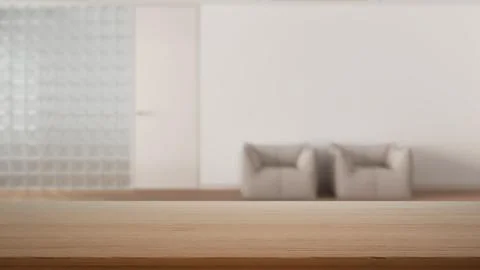 Empty wooden table, desk or shelf with blurred view of sitting waiting room.. イラスト素材