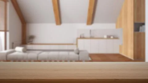 Empty wooden table, desk or shelf with blurred view of japandi scandinavian.. Illustrazione stock