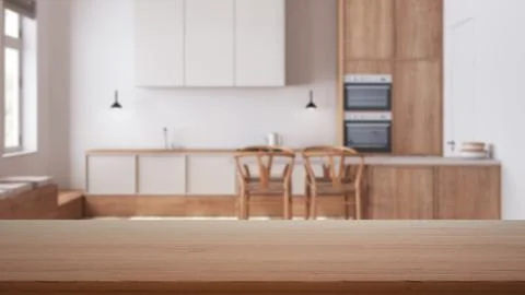 Empty wooden table, desk or shelf with blurred view of minimal dining room .. Stock Illustration